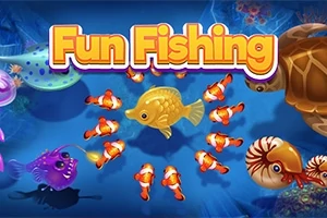 Fun Fishing Kuvassa on värikkäitä kaloja ja merieläimiä sinisellä taustalla, keskellä kultainen kala, ja ylhäällä lukee Fun Fishing