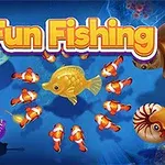 Fun Fishing Kuvassa on värikkäitä kaloja ja merieläimiä sinisellä taustalla, keskellä kultainen kala, ja ylhäällä lukee Fun Fishing