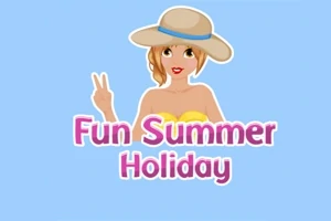 Nainen aurinkohatussa ja keltainen puku, teksti Fun Summer Holiday