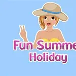 Nainen aurinkohatussa ja keltainen puku, teksti Fun Summer Holiday