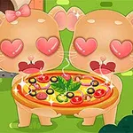 Kaksi piirrettyä eläinhahmoa, joilla on sydämet silminä, pitävät höyryävää pizzaa ulkona