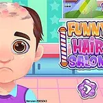 Piirroshahmo, jolla on kaljuuntuminen ja surullinen ilme, taustalla on kirkas kampaamo ja teksti Funny Hair Salon