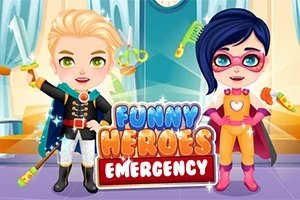 Kaksi piirrettyä supersankarihahmoa seisoo yhdessä värikkäiden Funny Heroes Emergency -tekstien edessä