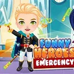 Kaksi piirrettyä supersankarihahmoa seisoo yhdessä värikkäiden Funny Heroes Emergency -tekstien edessä