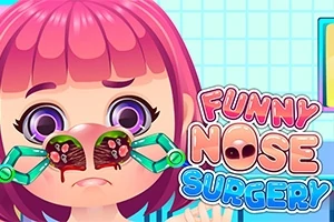 Piirroshahmo vaaleanpunaisilla hiuksilla, jonka nenää tutkii suuri vihreä suurennuslasi, ja oikealla näkyy värikäs teksti Funny Nose Surgery