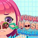 Piirroshahmo vaaleanpunaisilla hiuksilla, jonka nenää tutkii suuri vihreä suurennuslasi, ja oikealla näkyy värikäs teksti Funny Nose Surgery