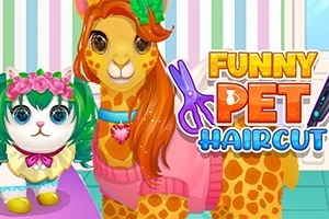 Värikäs kuva, jossa on pukeutunut kissa kukkaseppeleellä ja kirahvi vaaleanpunaisessa neuleessa, sekä värikäs teksti Funny Pet Haircut