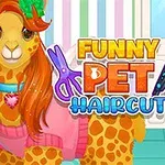 Värikäs kuva, jossa on pukeutunut kissa kukkaseppeleellä ja kirahvi vaaleanpunaisessa neuleessa, sekä värikäs teksti Funny Pet Haircut