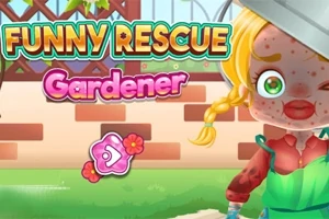 Piirretty puutarhuri, jolla on olkihattu ja pisamia, seisoo puutarhassa tiiliseinän edessä värikkään tekstin Funny Rescue Gardener alla
