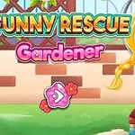 Piirretty puutarhuri, jolla on olkihattu ja pisamia, seisoo puutarhassa tiiliseinän edessä värikkään tekstin Funny Rescue Gardener alla