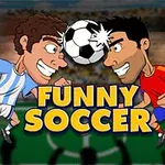 Kaksi piirrettyä jalkapalloilijaa, sinivalkoisessa ja punakeltaisessa puvussa, puskevat päätään vastakkain jalkapallon kanssa, taustalla stadion ja teksti FUNNY SOCCER
