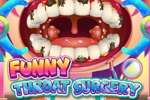 Suu, jossa on vaurioituneet hampaat ja teksti Funny Throat Surgery