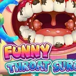 Suu, jossa on vaurioituneet hampaat ja teksti Funny Throat Surgery