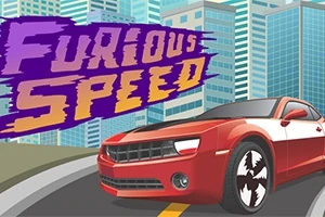 Punainen auto kadulla pilvenpiirtäjien edessä, taustalla suurikokoinen teksti Furious Speed