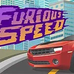 Punainen auto kadulla pilvenpiirtäjien edessä, taustalla suurikokoinen teksti Furious Speed