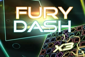 Värikäs neonvaloinen kuva, jossa on sana FURY DASH ja ruudukko, jossa on geometrisia muotoja ja tehosteita