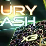 Värikäs neonvaloinen kuva, jossa on sana FURY DASH ja ruudukko, jossa on geometrisia muotoja ja tehosteita