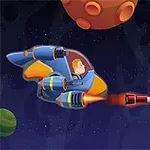 Kaksi avaruusalusta lentää avaruudessa värikkäiden planeettojen edessä, toisen ampuessa ohjuksen