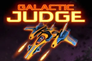 Oranssi ja sininen avaruusalus lentämässä avaruudessa, jossa taustalla lukee Galactic Judge