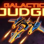 Oranssi ja sininen avaruusalus lentämässä avaruudessa, jossa taustalla lukee Galactic Judge