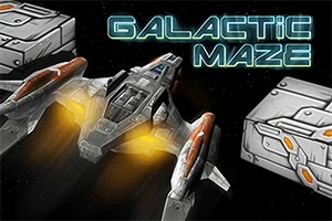Avaruusalus, jossa on hehkuvat moottorit, lentää mustassa avaruudessa suurien harmaiden metallilaatikoiden keskellä ja Galactic Maze -teksti
