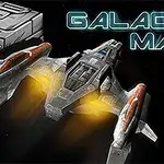 Avaruusalus, jossa on hehkuvat moottorit, lentää mustassa avaruudessa suurien harmaiden metallilaatikoiden keskellä ja Galactic Maze -teksti