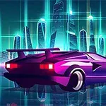 Futuristinen kaupunkimaisema neonvaloissa, jossa on retrotyylinen violetti urheiluauto etualalla