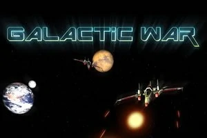Avaruudessa leijuu planeetta ja kaksi avaruusalusta, taustalla hohtaa teksti Galactic War