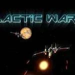Avaruudessa leijuu planeetta ja kaksi avaruusalusta, taustalla hohtaa teksti Galactic War