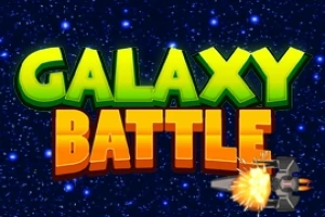 Vihreällä ja oranssilla kirjaimilla kirjoitettu GALAXY BATTLE tähtitaustalla, alareunassa avaruusalus ja räjähdys