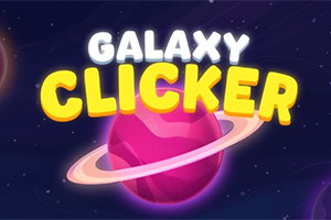 Vaaleankeltaiset sanat Galaxy Clicker tummansinisellä avaruustaustalla, jossa on pinkki planeetta ja rengas