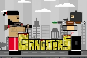 Kaksi pikselihahmoa seisoo vastakkain harmaassa kaupunkimaisemassa, ja heidän alapuolellaan on sana Gangsters