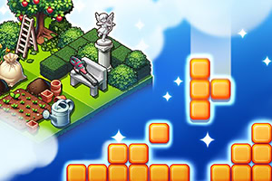 Puutarha, jossa on puu ja penkki, yhdistyy siniseen taustaan, johon on lisätty kelluvia oransseja lohkoja