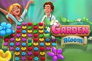 Kaksi hymyilevää hahmoa kukkien ympäröimänä värikkäällä taustalla, jossa on teksti Garden Bloom