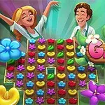 Kaksi hymyilevää hahmoa kukkien ympäröimänä värikkäällä taustalla, jossa on teksti Garden Bloom