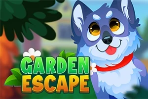 Sinisävyinen koira punaisella kaulapannalla ja teksti Garden Escape vihreiden lehtien ja valkoisten kukkien ympäröimänä