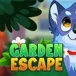 Sinisävyinen koira punaisella kaulapannalla ja teksti Garden Escape vihreiden lehtien ja valkoisten kukkien ympäröimänä
