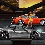 Kaksi autoa vierekkäin kaupungin yöllisellä kadulla, taustalla kaupunkimaisema, ja niiden edessä seisoo naishahmo ruudullisessa yläosassa