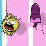 Violettijäätelöpuikko ja pelottava aurinkokasvo vaaleanpunaisella taustalla