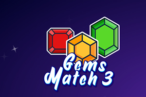 Kolme eriväristä jalokiveä (punainen, keltainen, vihreä) ja teksti Gems Match 3 violetilla taustalla