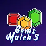 Kolme eriväristä jalokiveä (punainen, keltainen, vihreä) ja teksti Gems Match 3 violetilla taustalla