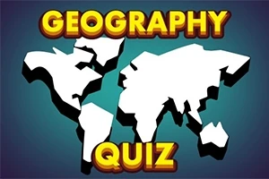 Valkoinen maailman kartta sinisellä taustalla, jossa on vahvoja 3D-tyylisiä GEOGRAPHY QUIZ -tekstit ylä- ja alareunassa