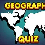 Valkoinen maailman kartta sinisellä taustalla, jossa on vahvoja 3D-tyylisiä GEOGRAPHY QUIZ -tekstit ylä- ja alareunassa