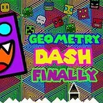 Värikäs kuva, jossa on hymyilevä violetti monsterin naama, geometrisia kuvioita ja teksti Geometry Dash Finally