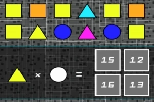 Kuvassa on värikkäitä geometrisia muotoja, kuten neliöitä, kolmioita ja ympyröitä ruudukossa, ja alapuolella on laskutoimitus, jossa on numeroruudut