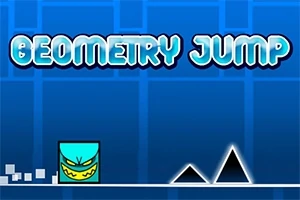 Sinisellä taustalla on vihreä, hymyilevä kuutio, kaksi mustaa kolmiota ja teksti Geometry Jump