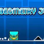 Sinisellä taustalla on vihreä, hymyilevä kuutio, kaksi mustaa kolmiota ja teksti Geometry Jump