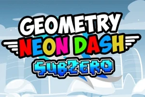 Kuvassa on värikäs teksti, jossa lukee Geometry Neon Dash Subzero, taustalla pilviä ja pehmeä sininen sävy