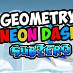 Kuvassa on värikäs teksti, jossa lukee Geometry Neon Dash Subzero, taustalla pilviä ja pehmeä sininen sävy