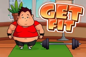 Tukeva hahmo seisoo punaisessa paidassa ja rannekkeissa vihreällä matolla sisätilassa, jossa on painonnostotanko ja taustalla kasvi, tekstin GET FIT vieressä